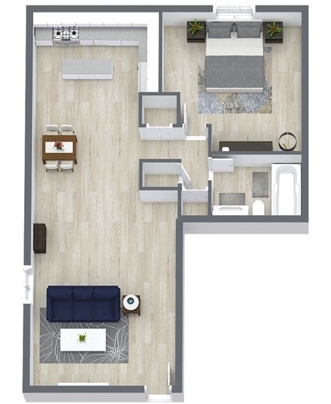 Floor plan for 1 bed, 1 bath, 670 sqft